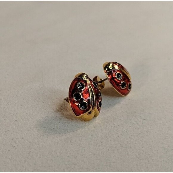 Vintage 1980 Ladybug Gold Tone Red Black Enamel Lady bug Avon Earrings Studs - Picture 4 of 6